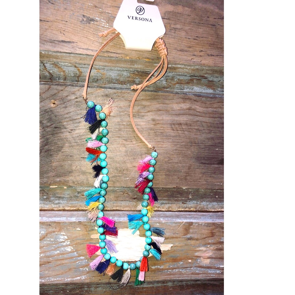 Boho Turquoise Necklace Beaded Long Tassels